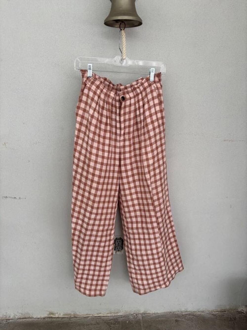 Lou & Grey 100% Linen Gingham Wide-Leg Crop Pants Pockets Size S